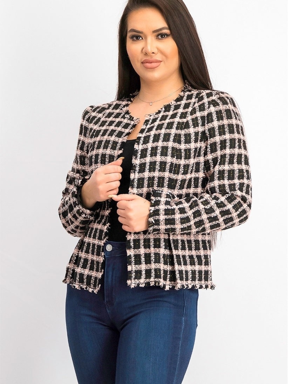 CeCe Pink and Black Check Tweed Open-Front Jacket